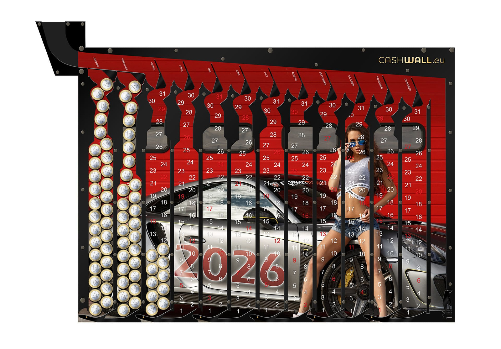 Kalender 2026 Frau mit Auto | Das perfekte Geschenk für einen Mann I Spardose