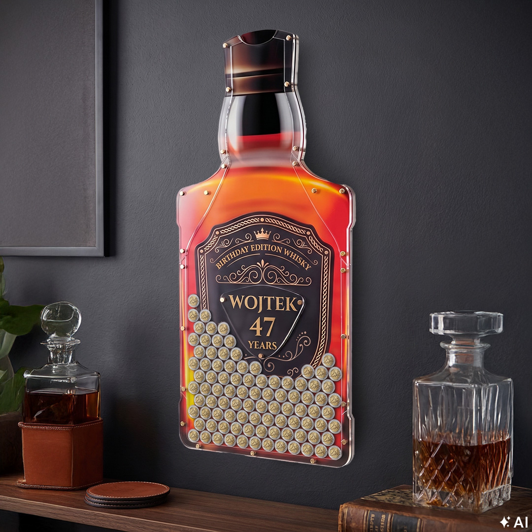 Nástenná pokladnička Personalizovaná fľaša whisky s menom a vekom – 2 €